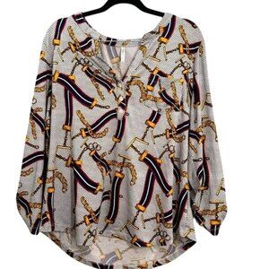 D.N.A Couture Womens 1X Chain & Stripe Print Blouse With Button Accents Long Sle